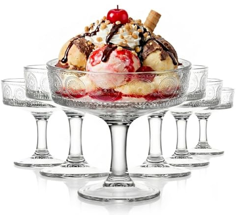 TOLASTO Sundae Glasses Set of 6,190ml Glass Dessert Bowls,Footed Ice Cream Sundae Dishes,Vintage Dessert Glasses for Trifle,Pudding,Fruit Salad,Mousse and Prawn Cocktail,Dishwasher Safe