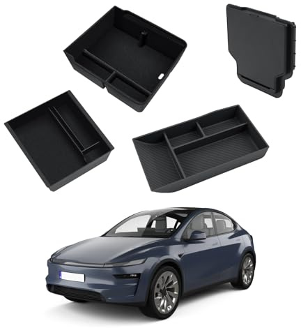4PCS Organiseur Console Centrale Tesla Model Y 2025 2026Juniper organiseur accoudoir voiture, Boîte de rangement dissimulée, Plateau d'accoudoir(floqué), silencieux et antidérapant Accessoires Model Y