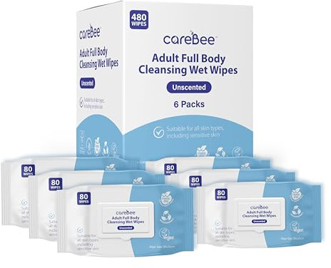 Carebee Premium Full Body Cleansing Wet Wipes for Adults - Fragrance-Free, Plastic-Free, Plant-Based Body Wipes, Dermatologically Tested, Biodegradable & Vegan, (80 Wipes/pack) (White, Pack of 6)