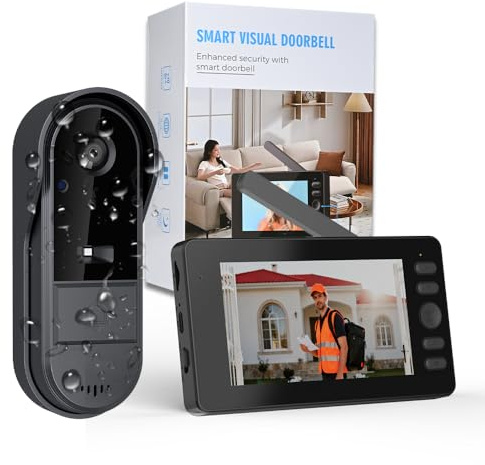 Winnes Wireless Video Doorbell Chime Kit with HD Screen, Two-way Wake-up & Two-way Audio, Night Vision, 1080P Camera 170° Wide Angle, Home Security Smart Video Doorbell Monitor No WiFi Required