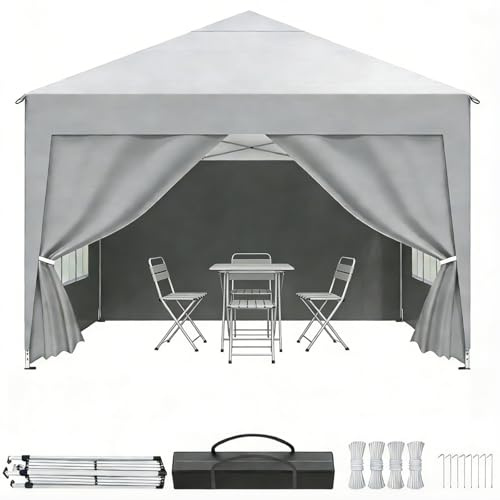 Ferzone Faltpavillon 2.5x2.5M mit 4 Seitenteilen, Pop up Pavillon Wasserdicht Stabil Winterfest, Faltbar Partyzelt UV Schutz 50+ mit Bodenstift&Windseil&Transportkoffer Outdoor, Hellgrau
