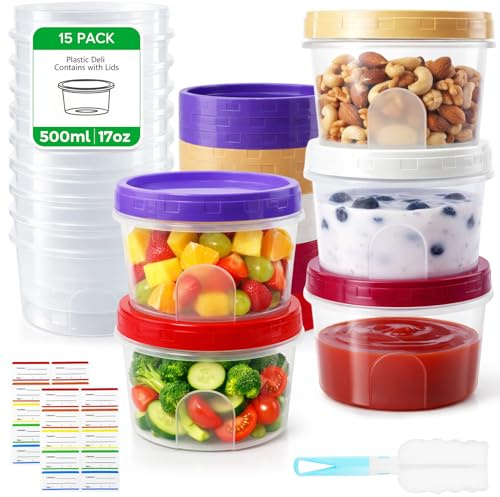 Furuising 15Pcs 500ml/17oz Screw Top Soup Containers, Reusable Plastic Pots with Lids, Small Food Containers Round for Snack, Deli, Salad, Sauce, Lunch, Yogurt, Dishwasher, Microwave, Freezer Safe