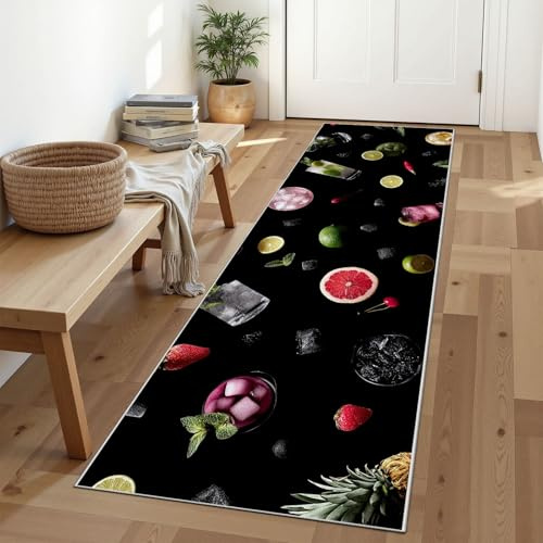 Dyjuaa Teppich Läufer Flur 60x180 cm Cocktail Getränke Küchenläufer rutschfest Waschbar Obst Zitrone Teppichläufer Pub Kurzflor Teppiche für Flur Küchen Waschküche