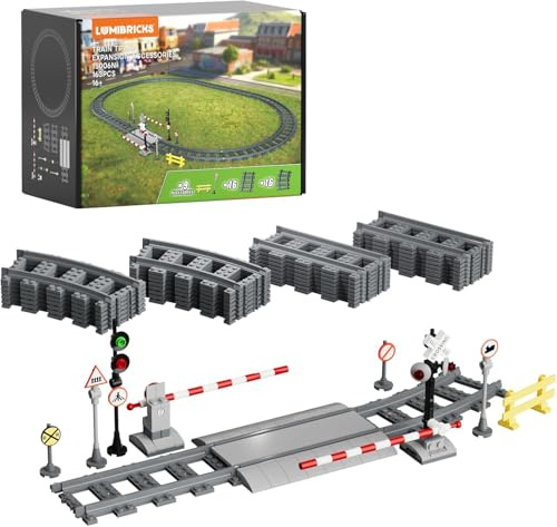 LUMIBRICKS Eisenbahn-Schienenerweiterungsset, Zubehör mit geraden und gebogenen Gleisen, Bahnsteig, Schranke, Signalen und bedruckten Bausteinen für Eisenbahnanlagen
