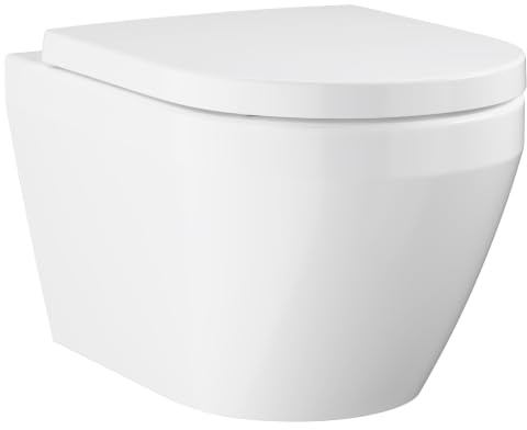 GROHE Euro Keramik, Wand-WC Set spülrandlos mit WC-Sitz Soft Close | Wand-Tiefspül-WC mit Triple Vortex, HyperClean Glasur, Sitz mit Deckel und Quick Release (Alpinweiß, 102510SH00)