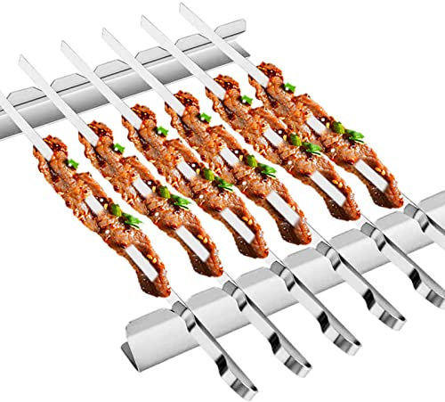BearMoo Barbecue Skewer, 17 Stainless Steel Shish Kabob Skewers - 0.35 Width Flat BBQ Metal Skewers for Grilling (Set of 6 Skewers + 2 Grill Racks + 1 Handy Storage)