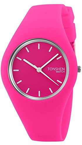 TONSHEN Damenuhr Fashion Analog Quarz Uhren Einfach Casual Kautschuk Armbanduhr für Damen Mädchen 12 Farbe (Rosa Rot)