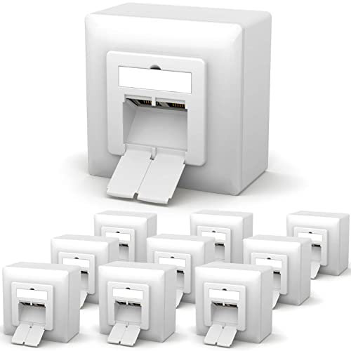 HB-DIGITAL Lot de 10 prises réseau CAT 6a universelles - 2 ports RJ45 - Blindée en saillie/encastrée EIA/TIA 568A&B 8P8C - Réseau Ethernet 10 Gigabit - Blanc de signal