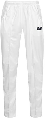 Gunn & Moore GM, Cricket Trousers, Athletic Fit Elasticated Waist 2 Pockets, Quick Drying & Enhanced Moisture Management, Off White with GM Logo, Large - Waist 35-36 Unfinished Hem