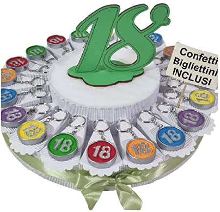 Torta bomboniere con 18 portachiavi colorati assortiti confetti e biglietti inclusi (Torta da 20 fette)