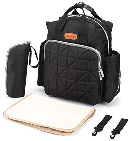 SONARIN Stylish Wasserdicht Baby Wickelrucksack mit Wickelauflage,Wickeltasche,Flaschentasche,Kinderwagen Riemen,USB-Schnittstelle,Große Kapazität(Schwarz)