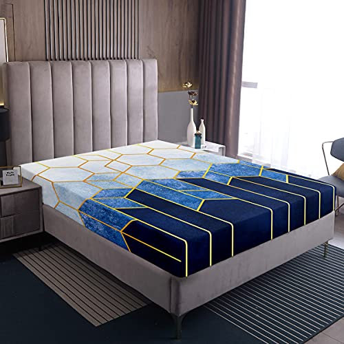 Marmor-Bettwäsche-Sets Geometrische Marmor-Bettlaken Wabenbett-Bettlaken,Stilvolle Bienenstock-Sechseck-Bettwäsche-Dekorset Metallic-Bettwäsche Mit Goldenen Streifen, 160x200