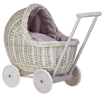 e-wicker24 Alles aus Weide Puppenwagen aus Weide mit Bettwäsche perfekte Geschenkidee Korbpuppenwagen schöner Spielzeug aus Korbgeflecht Korbwagen für Puppen Spielzeug für Mädchen (Pink 4)