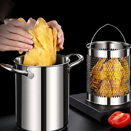 THEGA Stainless Steel Stock Pot - Deep Fryer With Strainer, Large Capacity Stockpot With Lid, Cylindrical Fryer, French Fries, Fried Whole Chicken, Boiled Pasta