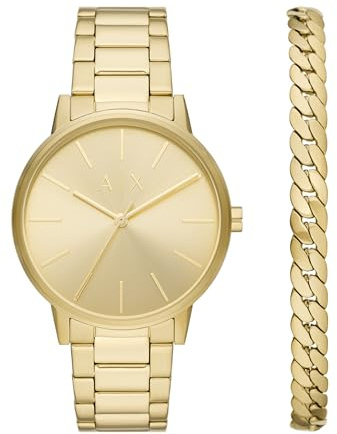 Armani Exchange A|X Men's Watch, Three-Hand Gold-Tone Stainless Steel Watch for Men and Bracelet Gift Set
