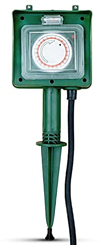 Perfect Gartensteckdose 2-Fach - Außensteckdose mit Zeitschaltuhr - Mehrfachsteckdose - IP44 - mit Erdspieß - Kabellänge 2m - grün