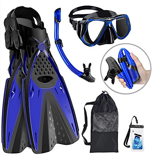Maskenflossen-Schnorchel-Set mit Schnorchelausrüstung für Erwachsene, Panorama-Tauchmaske, Trek-Flosse, Trockenschnorchel + Reisetaschen, Schnorchel zum Bahnenschwimmen (S) (M)