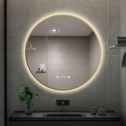 Heilmetz Round Bathroom Mirror with LED Light, 600mm Gold Bathroom Wall Mirror with Light Dimmable Demister and Clock, Illuminated Vanity Mirror Wall Mounted Circle Makeup Mirrors