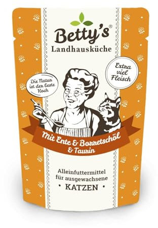 Betty's Landhausküche Frischebeutel Pouches Nassfutter Katze, Ente mit Borretschöl 100 g, getreidefrei, Beste Qualität, hochwertiges Fleisch, schonend gegart, hohe Bioverfügbarkeit