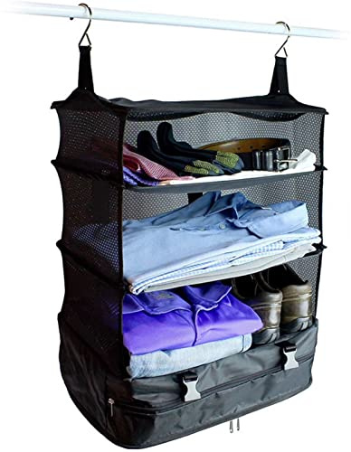 Fockety Tragbare Hängende Reiseregal-Tasche, Faltbare, Große Kapazität, 3 Regal-Reiseregale, Taschen-Koffer-Organizer für Reisen, Hängende Schrank-Aufbewahrungstasche für Hotels,
