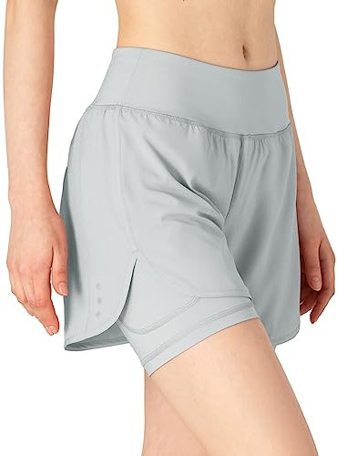 donhobo Damen Sport Shorts 2 in 1 Kurze Leggings Laufhose Sommer High Waist Yoga Hose für Gym Training, Fitness, Jogging (Hellgrau, L)