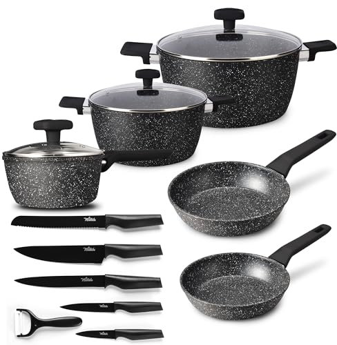 La Moustache - Batería de Cocina de Aluminio con Antiadherente | 8 Piezas Onix + 5 Cuchillos Inoxidables con Pelador de Verduras, Ollas y Sartenes Aptas para Todas las Cocinas, Incluso Inducción