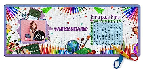 PR Print Royal Schreibtischunterlage selbst gestalten mit Foto und Name - Eins plus Eins - Rosa - Waschbar, Personalisierte Geschenke zur Einschulung | 800 x 300 mm, Rutschfest, Schreibtischschutz