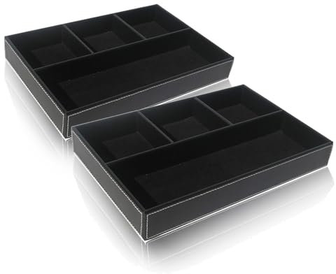 2 x PU Valet Tray - Leather Desk and Dresser Drawer Tray Organiser, Nightstand Catch-All Storage Box for Keys, Phone, Wallet, Watch, Jewellery [Black]
