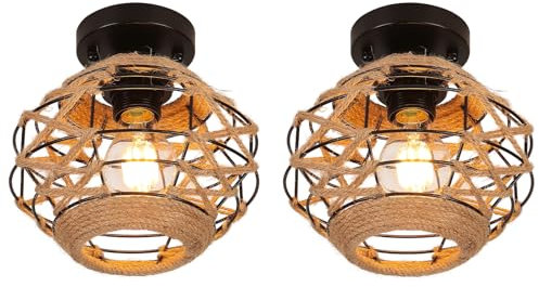 LIGKIN 2 Stücke Deckenleuchte Vintage Boho Rattan Lampe Hängelampe, E27 Metalle Geflochten Lampenschirm Deckenlampe, Ø20CM Rustikal Industrielle Deckenleuchten für Schlafzimmer Kindergarten Korridor