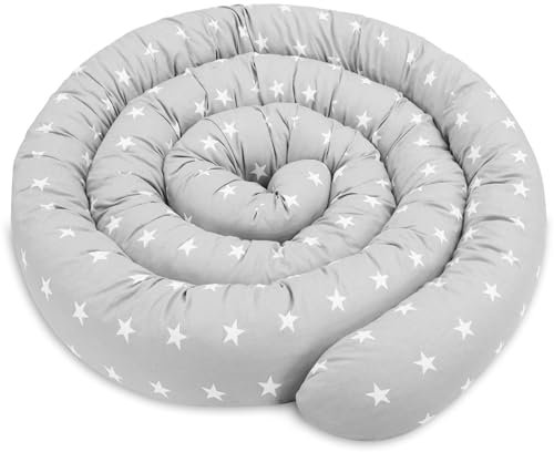 Totsy Baby Seitenschläferkissen Bettschlange Body Pillow 400 cm Baumwolle - Kopfkissen lang Bettrolle Schlafkissen Nackenrolle Kissen Grau mit Weiß Sternen