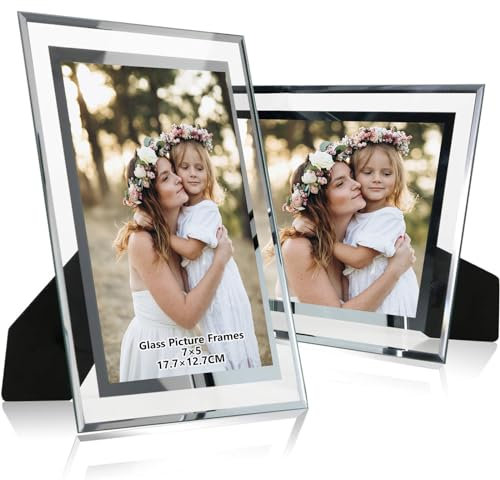 DMSELL 2 Pack Glass Photo Frame 7x5, Glass Picture Frames 7x5 for Wedding Photos,Family Photos and Home Decoration
