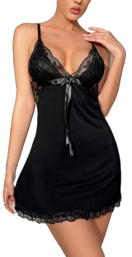 MIZSPISE Women’s Sleeveless Nightdress Sexy Soft Lace Backless Sling Negligee Babydoll Lingerie Nightgown Strappy Sleepwear V-Neck Mini Pajamas Dress Asjustable Ladies Nighties (Black)