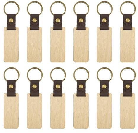 MytaYt 12 Stück Schlüsselanhänger Holz, DIY Schlüsselanhänger Holz Rohling Holz Schlüsselanhänger Geeignet für Damen und Herren Dicke 4 mm 6,5 x 2,8 cm