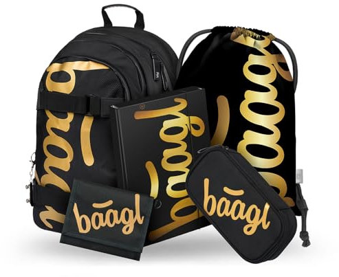 Baagl Schulrucksack Set Jungen Mädchen 5-Teilig, Schultasche ab 3. Klasse, Grundschule Ranzen mit Brustgurt, Ergonomischer Schulranzen (Skate Gold)
