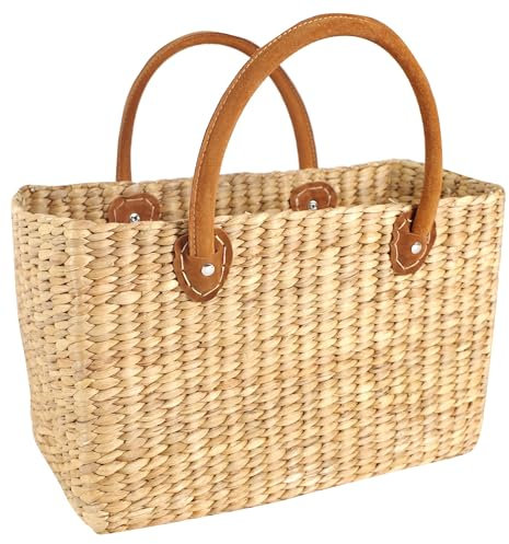 Kobolo Tasche Korbtasche Flechttasche aus Wasserhyazinthe - Lederhenkel (M)