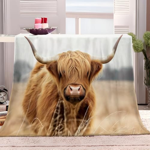 Kuscheldecke Flanell Decke 150x200 cm Hochlandrinder Yak Feld 3D Drucken Flauschig Weich Warm Microfaser Plüsch Wohndecke Fleecedecke Tagesdecke Decke für Sofa und Bett