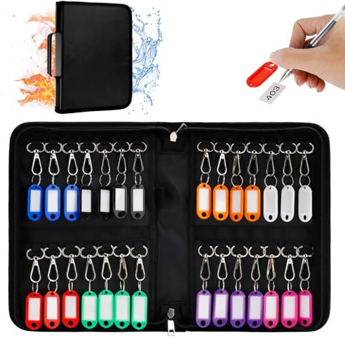 Boite à Clé Portable, 28*20.5*5.4cm Boîte à Clé à Fermeture Éclair avec 28 Crochets et Étiquettes, Armoire à Clés pour Voiture/Hôtel/Bureau/Maison, Organisateur de Clé Portable Imperméable/Ignifuge