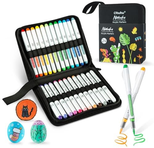 Ohuhu Acrylstifte, 24 Farben 1.5MM Pinselspitzen Acrylic Marker hohe Deckkraft Wasserfest lichtecht Acrylstifte Set für Steine Bemalen Felsmalerei Ostereier Holz Glas Keramik Leinwand Fotoalbu