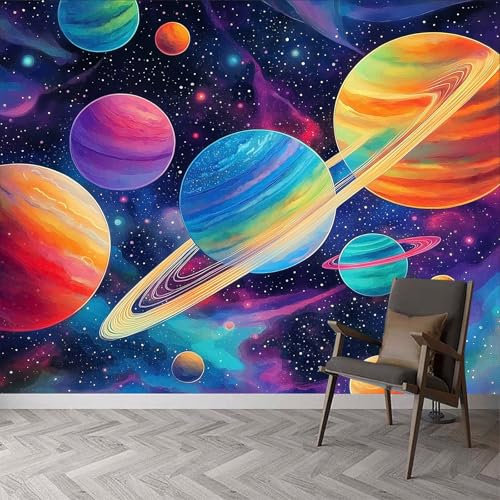 Space Planets Wallpaper Mural 350x256cm, Watercolor Space Universe Planets Wall Decals Sofa TV Background Wall Decor Photo Wallpaper for Home Office Dorm Indoor Decoration