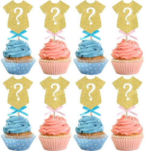 Xsstarmi 24 Pack Gender Reveal Cupcake Toppers Boy or Gir Gender Reveal Party Decorations Pink or Blue Bow Tie Cupcake Picks for Baby Shower Party Cake Decorations Gold