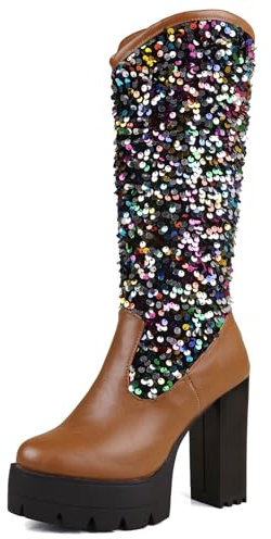 Diuniarza Moda Paillettes Plateau Stivali Donna Stivali Alti a Collo Alto Weeding Brillantini Sparkly Block Stivali Serata Marrone Numero 34 EU
