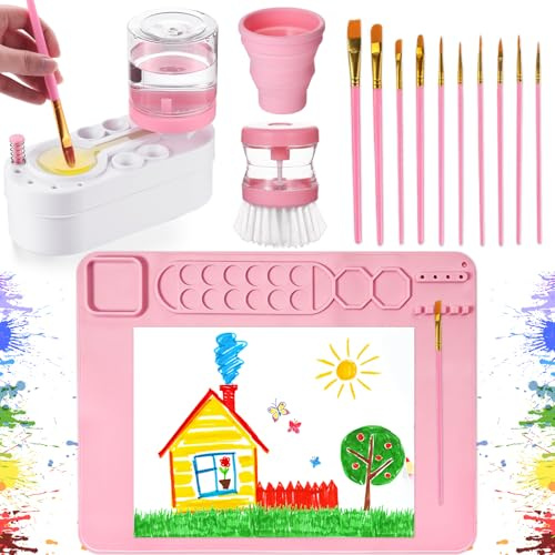 Painting Station Paint Brush Cleaner 20X16in Silicone Painting Mat with Cup and Paint Holder 10 Paint Brushes Children's Painting Set Art Painting Supplies for Kids Birthday Gifts DIY Creations (Pink)
