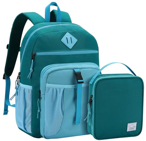 VASCHY Cartable Garçon Primaire, Poches Multiples 2 en 1 Set de Sac à Dos Enfant Scolaire Grande Capacité avec Sac Isotherme Repas pour École Voyage Randonnée, Vert