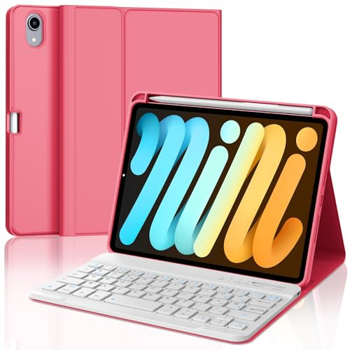 JADEMALL Étui Clavier pour iPad Mini 7 A17 Pro 2024/Mini 6 2021 8,3, Clavier Bluetooth Amovible AZERTY pour iPad Mini 7/6 8,3, Rouge
