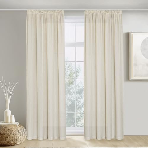 PONY DANCE Extra Lange Gardinen und Vorhänge Wohnzimmer Boho Gardine Leinen 2er Set Leinenvorhang mit Kräuselband für Schienen Vorhänge Leinenoptik Halbtransparent, H 300 x B 140 cm, Beige