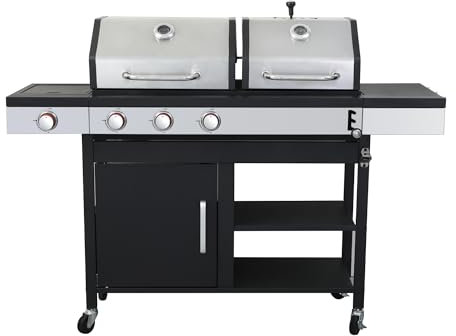 Woodland Grill 3 Burner Dual Fuel BBQ - Gas & Charcoal Barbecue Grill, Side Burner, Integrated BBQ Thermometer, 2 Warming Trays, Adjustable Flame. Propane Gas Regulator Included