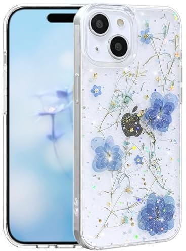Efitoo for iPhone 12 Mini/13 Mini Case Clear Glitter with Flowers Design Real Dried Pressed Floral Bling Sparkle Cute Soft Slim Aesthetic Shockproof Protective Girly Women Girls Phone Cover (Blue)