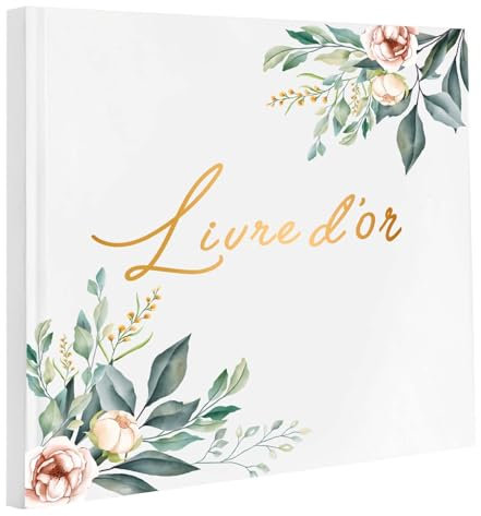 Livre d'or Mariage Vierge Élégant | 60 Pages Couverture Rigide Livre de Visiteur | Guest Book Motif de Feuille pour Anniversaire, Baptême, Cérémonie | Papier Haut de Gamme (A)