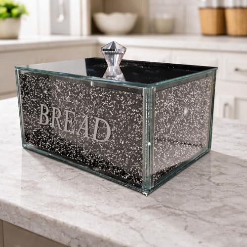 SEGOY Black Mirrored Bread Bin with Crushed Diamond Crystal Design, Large Storage Container, Kitchen Decor