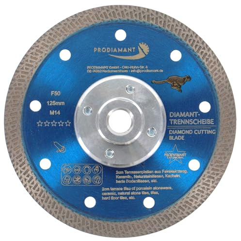 PRODIAMANT F50 - Disco da taglio diamantato 125 mm x M14, con flangia, per gres porcellanato, piastrelle e ceramica